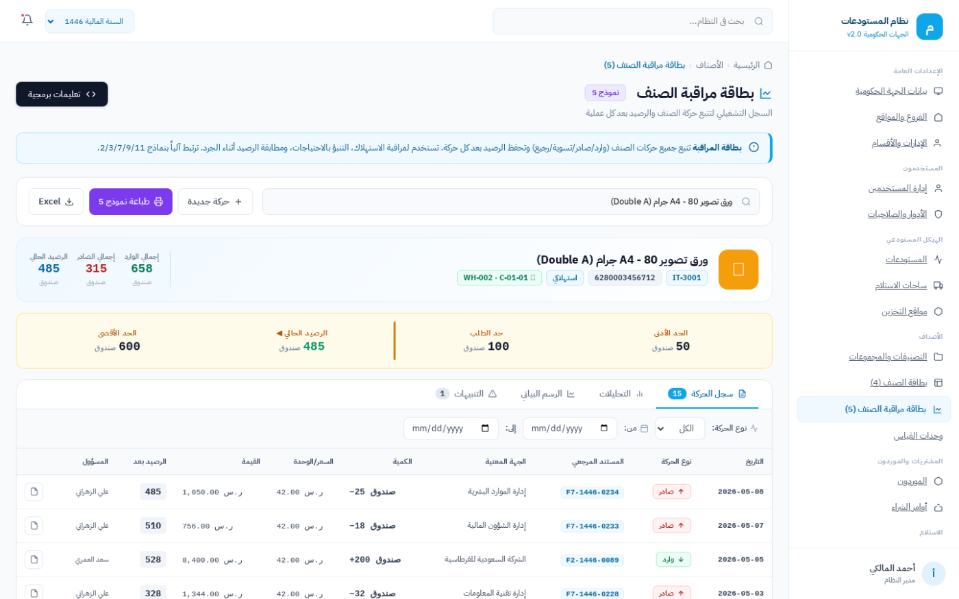 شاشة بطاقة مراقبة الصنف (نموذج 5) التي تحقق الرقابة المزدوجة في نظام ضبط